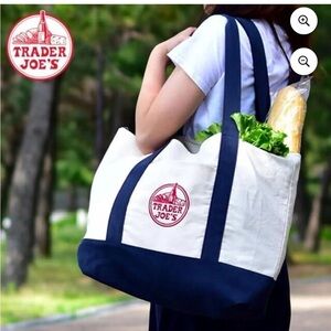 Trader Joe's Large Heavy Duty Canvas Tote Bag - Navy & Cream
